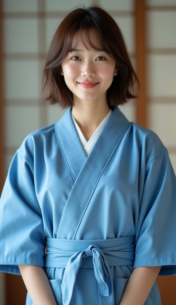 Wearing a blue short-sleeved yukata、whole body、Beautiful Korean woman with short brown bob hair. Standing front、smile、Beauty、Surrealism style. Color mid shot. Dramatic Light.