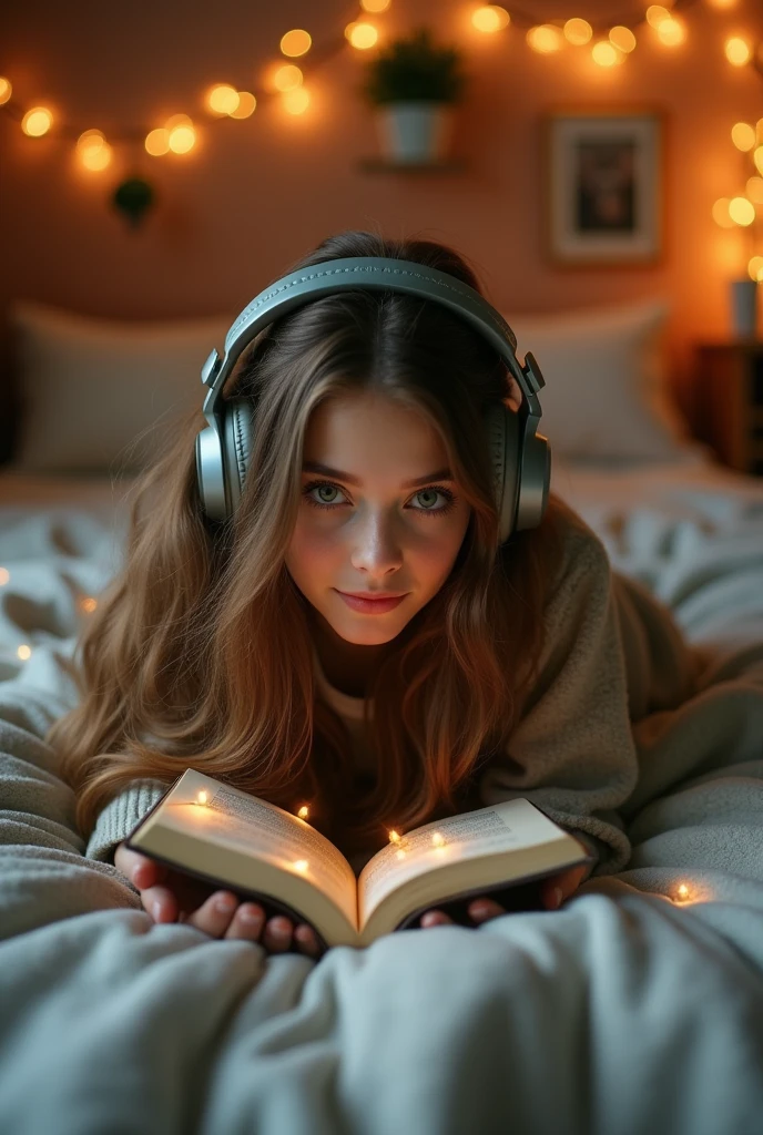 lofi wallpapers in 4k, broadly showing the room, generates me the same girl, lying on the bed, studying the open book in her hand, wearing headphones, pretty girl, brown hair, image shows more of her sexy body, shows more details of the room, green eyes, more than shows the whites of the eyes, a duvet covering herbody