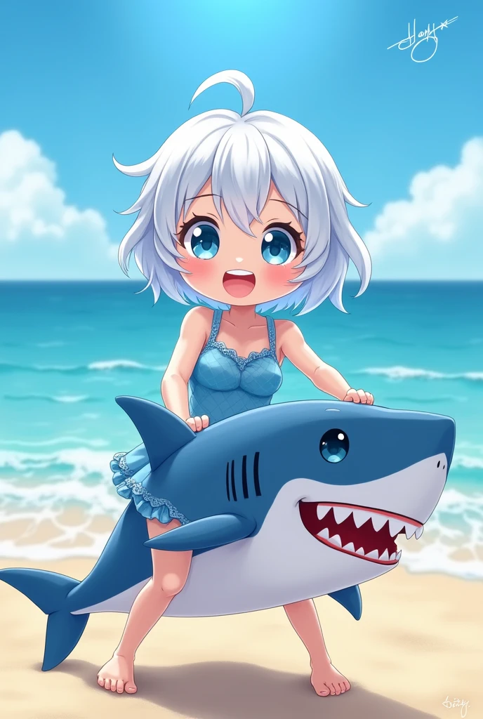 Cute anime girl with white short hair, blue color scheme, big boobs, funny, shark, naked.