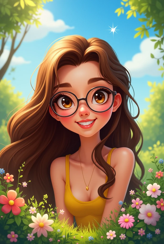 I want you to make a Disney style drawing, of a brunette woman with long, flowing hair, com olhos castanhos, wearing glasses. 8k illustration ,
