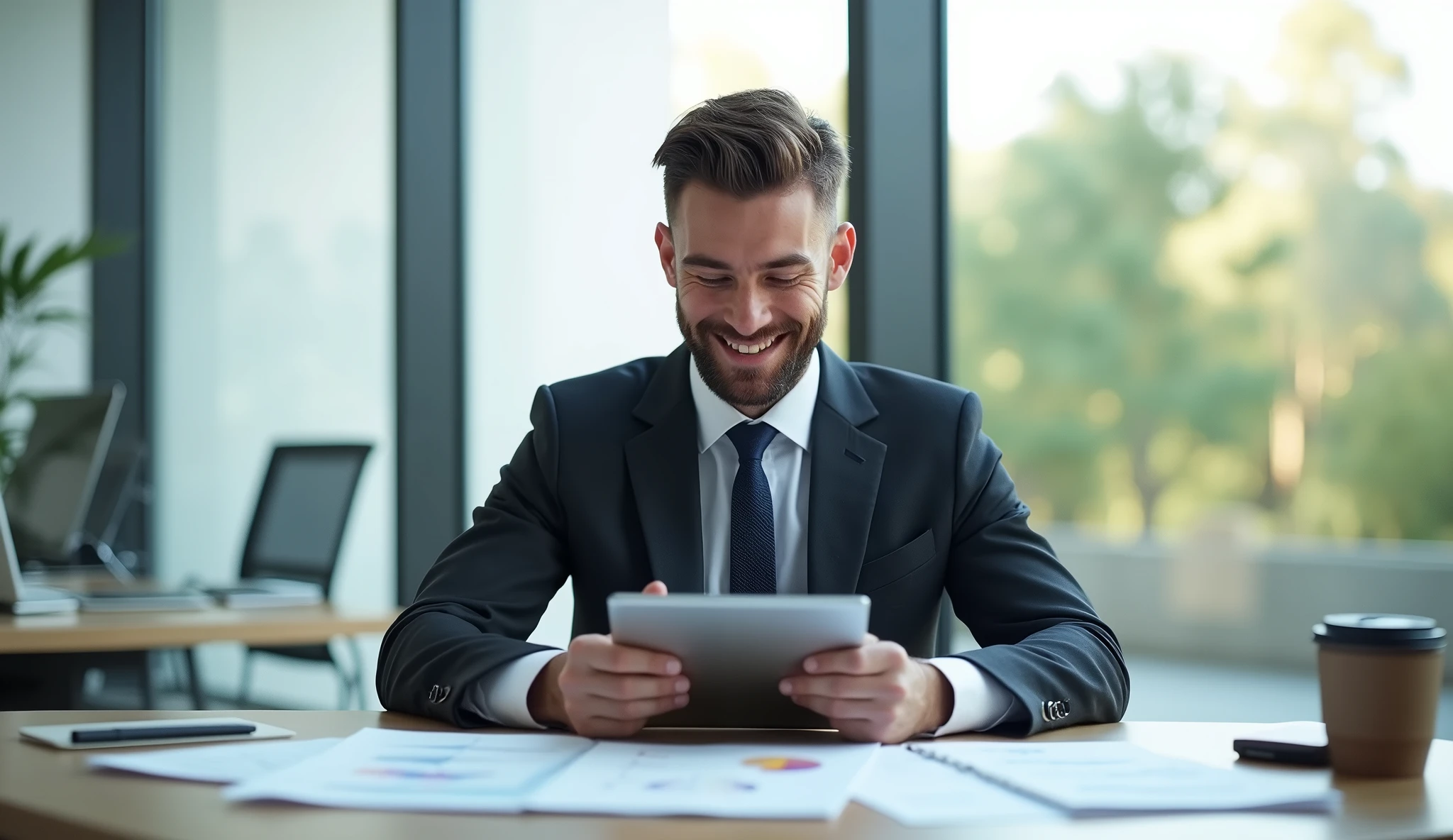 A man is sitting in a modern, well-lit office with large windows in the background, letting in natural light. He is dressed in a stylish, well-tailored suit with a tie, giving him a polished and professional appearance. His hair is neatly groomed, and he has a confident, smiling expression on his face. He is holding a tablet or a laptop, analyzing data displayed on the screen. The desk in front of him is organized, with a few papers, a pen, and a coffee cup. The office decor is contemporary, with sleek furniture and minimalistic design elements."