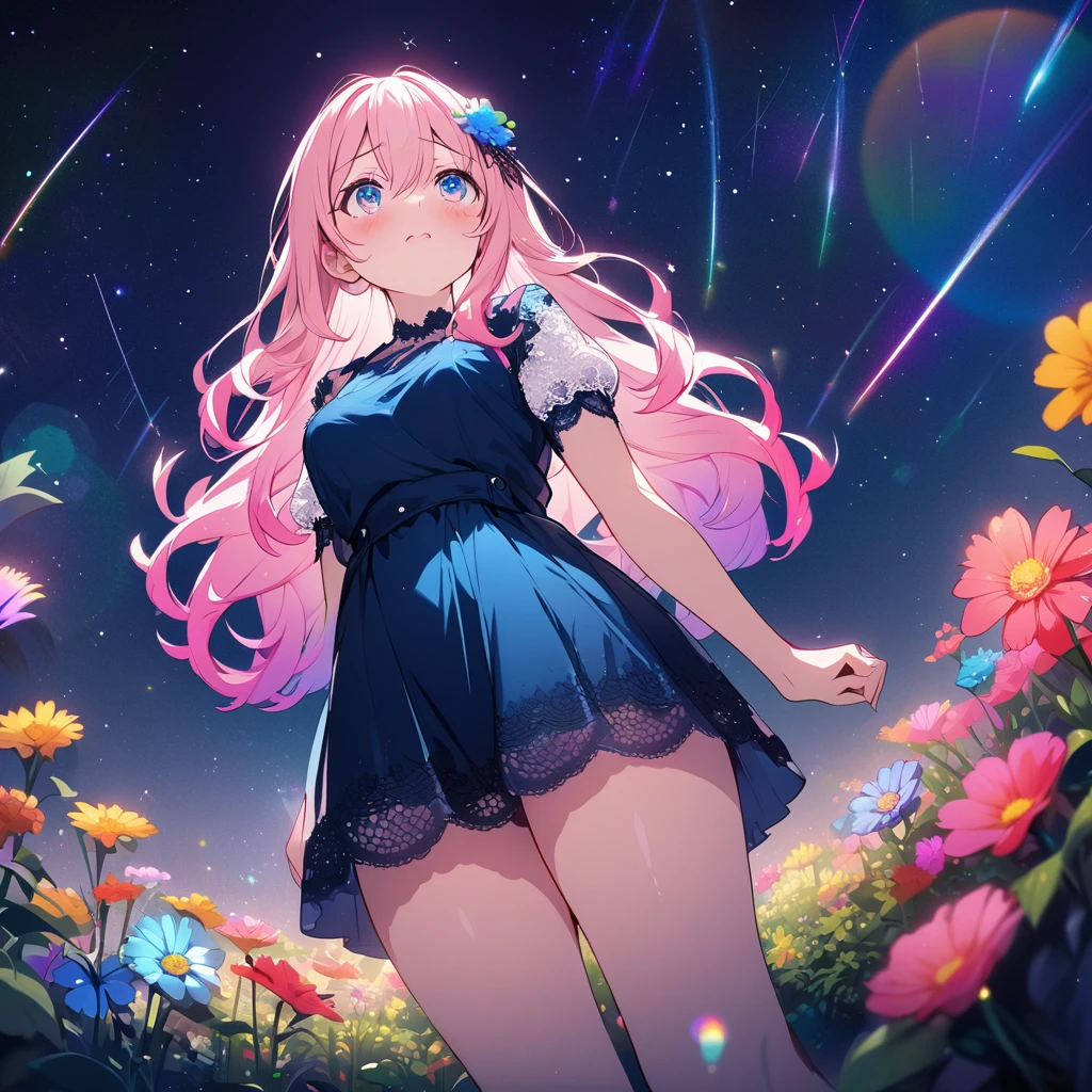 Masterpiece, top quality, 4k, ((2D illustration)), one beautiful girl, solo, ((vivid colors)), (((mini skirt))), ((long beautiful hair)), glossy light pink hair, gradient hair color, cute, beautiful detailed eyes, hair between eyes, ((hair ornament)), ((lacy short sleeve dress)), short socks, cute shoes, cool colors, ((full body shot)), ((embarrassed look)), ((looking up at the night sky)), ((shooting stars)), ((colorful flowers around)), ((garden)), ((night)), ((view from below)), (((lens flare))), white light, ((starry sky)), sparkle