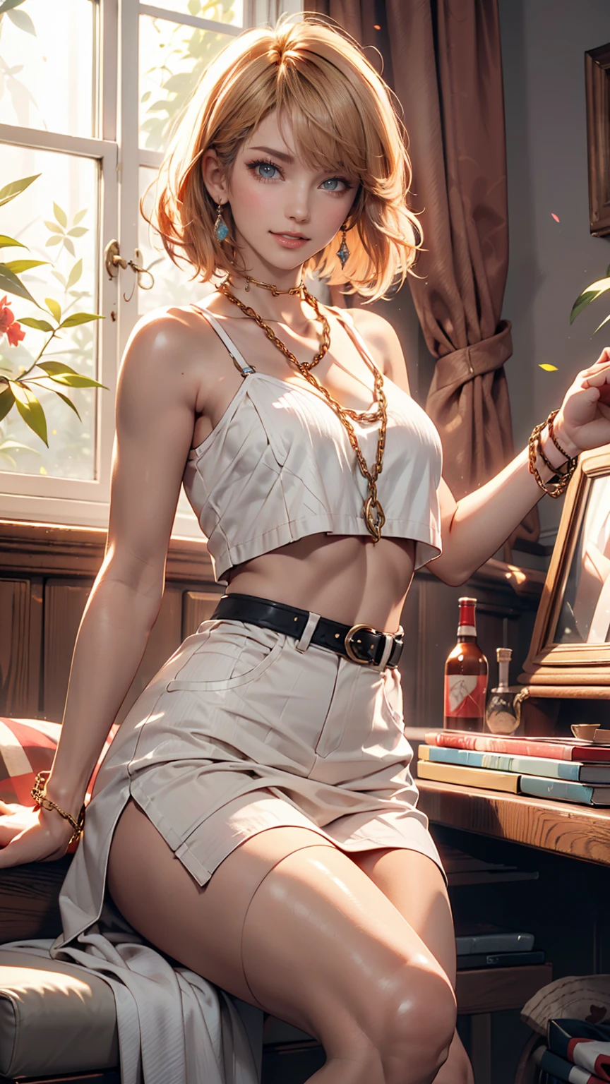 (masterpiece), (Highest quality), Makima with Taylor Swift's face (chainaw man), Highest quality, Super detailed, One person, alone, Are standing, Redhead, Long braided hair, Golden Eyes, bangs, Medium chest, tie, look, smile, (bad: 1.2), looking at the viewer, (interview: 1.3), (Dark Background, chain: 1.3) Exposing breasts,
