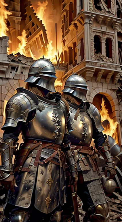 masterpiece, Movie Scenery, Highest quality, Baroque, Realistic, , male, white Romale medieval armor, Worn-out armor, Upper body from the knee up, Looking at the audience, In the streets of a European city in the old times, ((The town is on fire and the buildings are destroyed.:1.4)), ((Eight knights are destroying a building with hammers:1.8)), ((There are eight knights:1.8)), The town is on fire and burning.