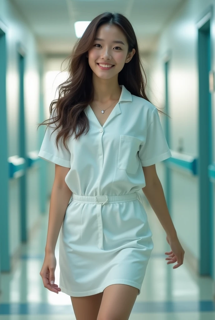 A 20-year-old woman with a cute idol-like face.。Gentle and cute。Please smile kindly。Her job is a nurse、Cleavage mini skirt Walking the hospital corridors Whole body Full body portrait RAW Photos Genuine Real Stick Photo Ultra-high resolution life No copyright notice