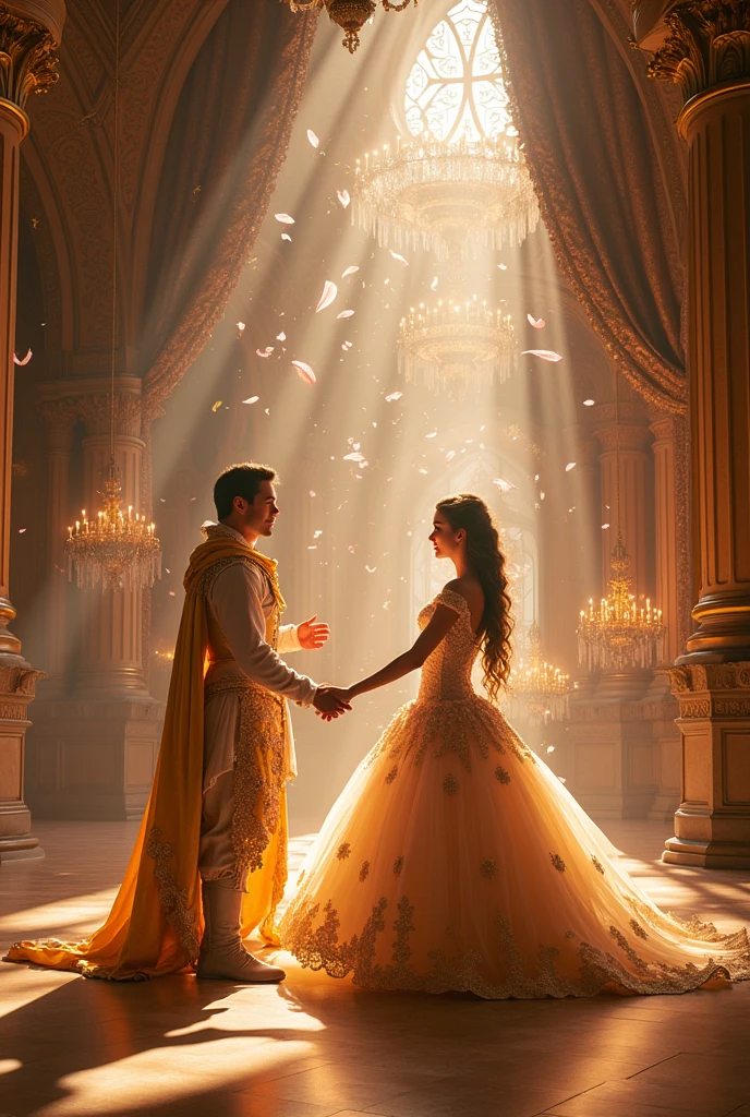 Beautiful world ((((((Fantasy novels))))) Pale pink feathers and stardust fall down Golden world The beautiful person dancing gorgeously in the beautiful and magnificent castle The beautiful prince watching it from afar (((Love story)))) His costume is a luxurious and beautiful dress from medieval Europe An incredibly handsome prince