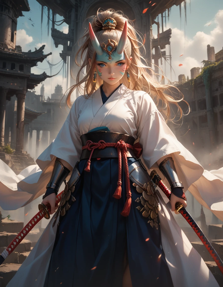 Girl 1, hkwarrior, holding a katana in her hand, Katana Emits Blue Light Sharp, beautiful figure, Samurai, Belt of Intertwined Ropes, light armor, There is an Oni mask hanging on the Belt, bright lilac eyes, long hair, hair of two colors (Red and Series), Evolve in the wind, Background Ancient Ruins, Broken Column, Tower, Clear drawing of details, All by authorship, The brightest colors, Fantasy, Cinematic film yet, check_9, check_8_up,check_7_up, dramatic lighting, very detailed, high budget,hips, synoscope, epic, fabulous, granularity, grainy,masterpiece, Best quality, Ideal Anatomy, very aesthetic, official art, 8 K, the full picture, full length, Wide Grip,