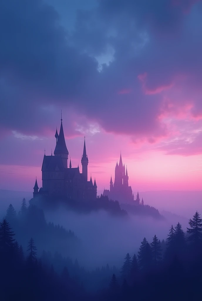 A dark blue and purple and pink sky blurry and some castles blurry