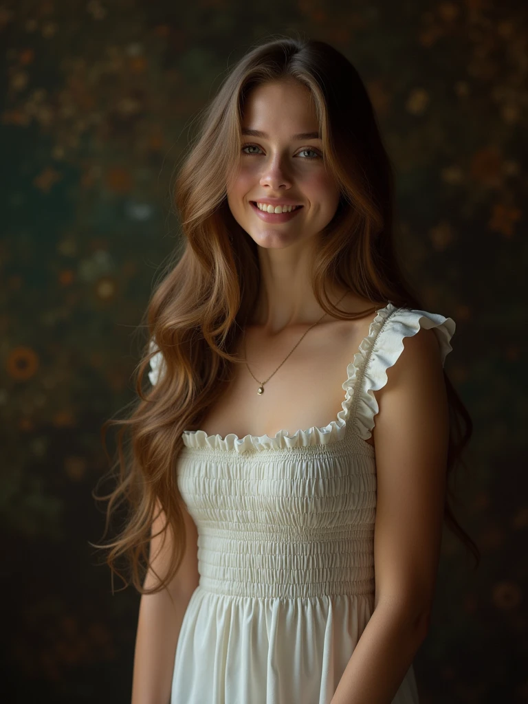 (realistic:1.3), finely detailed, quality, Rembrandt lighting, (masterpiece:1.2), (photorealistic:1.2), (best quality), (detailed skin:1.3), (intricate details), dramatic, ray tracing, 1girl,  aged 24 year ,very beautiful girl, long hair, 21 years old, medium breasts, (pale skin:1.3), (seductive smile :1.2), wearing White Square Neck Smocked Dress, detailed background