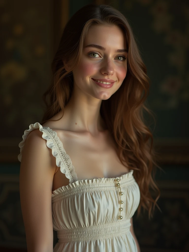 (realistic:1.3), finely detailed, quality, Rembrandt lighting, (masterpiece:1.2), (photorealistic:1.2), (best quality), (detailed skin:1.3), (intricate details), dramatic, ray tracing, 1girl,  aged 24 year ,very beautiful girl, long hair, 21 years old, medium breasts, (pale skin:1.3), (seductive smile :1.2), wearing White Square Neck Smocked Dress, detailed background