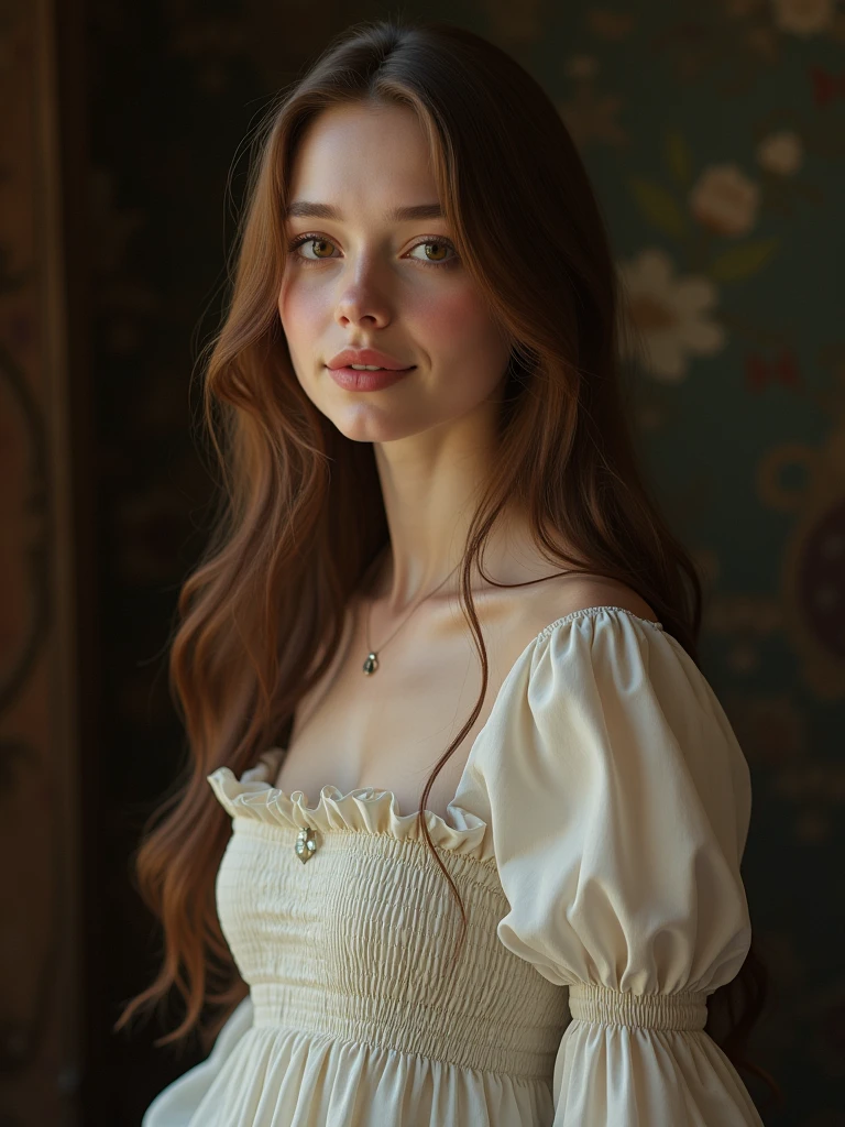 (realistic:1.3), finely detailed, quality, Rembrandt lighting, (masterpiece:1.2), (photorealistic:1.2), (best quality), (detailed skin:1.3), (intricate details), dramatic, ray tracing, 1girl,  aged 24 year ,very beautiful girl, long hair, 21 years old, medium breasts, (pale skin:1.3), (seductive smile :1.2), wearing White Square Neck Smocked Dress, detailed background