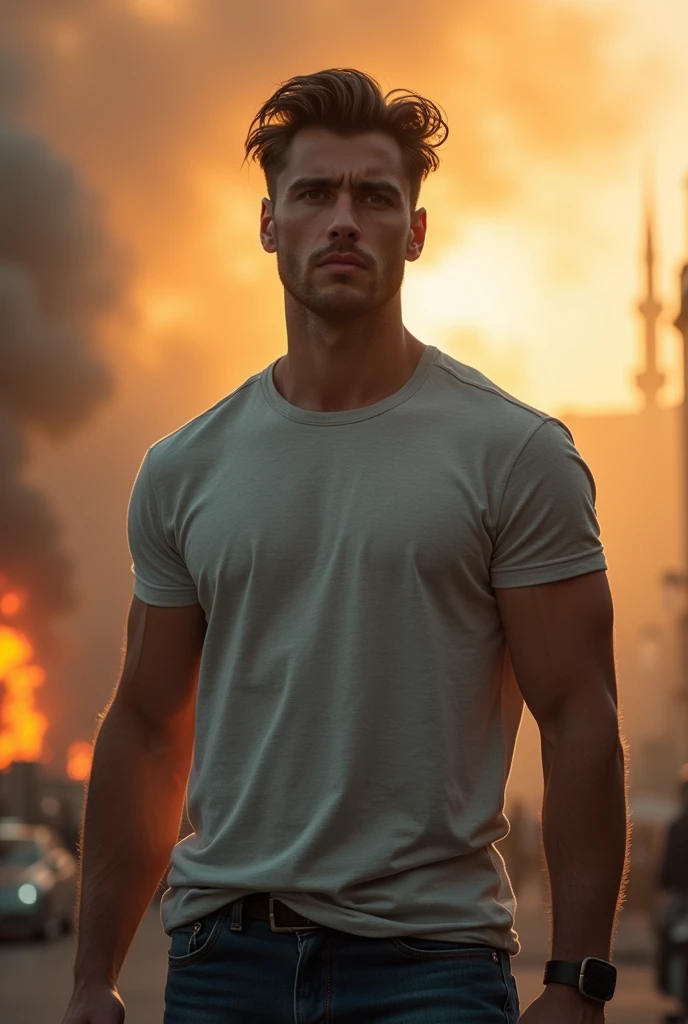 A handsome europian man in istanbul, wearing sport clothes. Her hazel eyes are big and heavy. Expression of awe and excitement. "A photorealistic portrait of a 30-year-old man with short hair and striking hazel eyes. he should have a natural, approachable expression and be illuminated by soft, golden-hour sunlight. The background should be a scenic outdoor setting. Capture this image with a high-resolution photograph using an 50 mm lens for a flattering perspective."hyper realistic, ultra detailed photograph of a french Do-it-yourself man, the man is facing the camera depth of field, HOF, hall of fame, detailed gorgeous face, apocalyptic environment, natural fullbody posture, professional photographer, captured with professional DSLR camera,huge eyelashes, wearing jeans,man in istanbul, filled with smoke and distant fire. Her hazel eyes are big and heavy. he wears a tshirt. Expression of awe and excitement. "A photorealistic portrait of a 30-year-old man with longbeautiful lighting, best quality, beautiful lighting, realistic, real image, intricate details, everything in razor focus, 1man, short hair male focus, perfect face, extremely handsome, extremely muscular, face, brown eyes, Photograph, masterwork, meticulous nuances, supreme resolution, 32K, ultra-defined, extremely shallow depth of field, The photograph depicts a man in a gym environment, e. His physique is well-defined, . He is wearing light grey sweatpants that sit low on his waist and tshirt , casual yet perfect for his athletic setting. T His posture is upright yet relaxed. His facial expression is focused and somewhat intense, Do-it-yourself man, the man is facing the camera depth of field, HOF, hall of fame, detailed gorgeous face, apocalyptic environment, natural body posture, professional photographer, captured with professional DSLR cam .