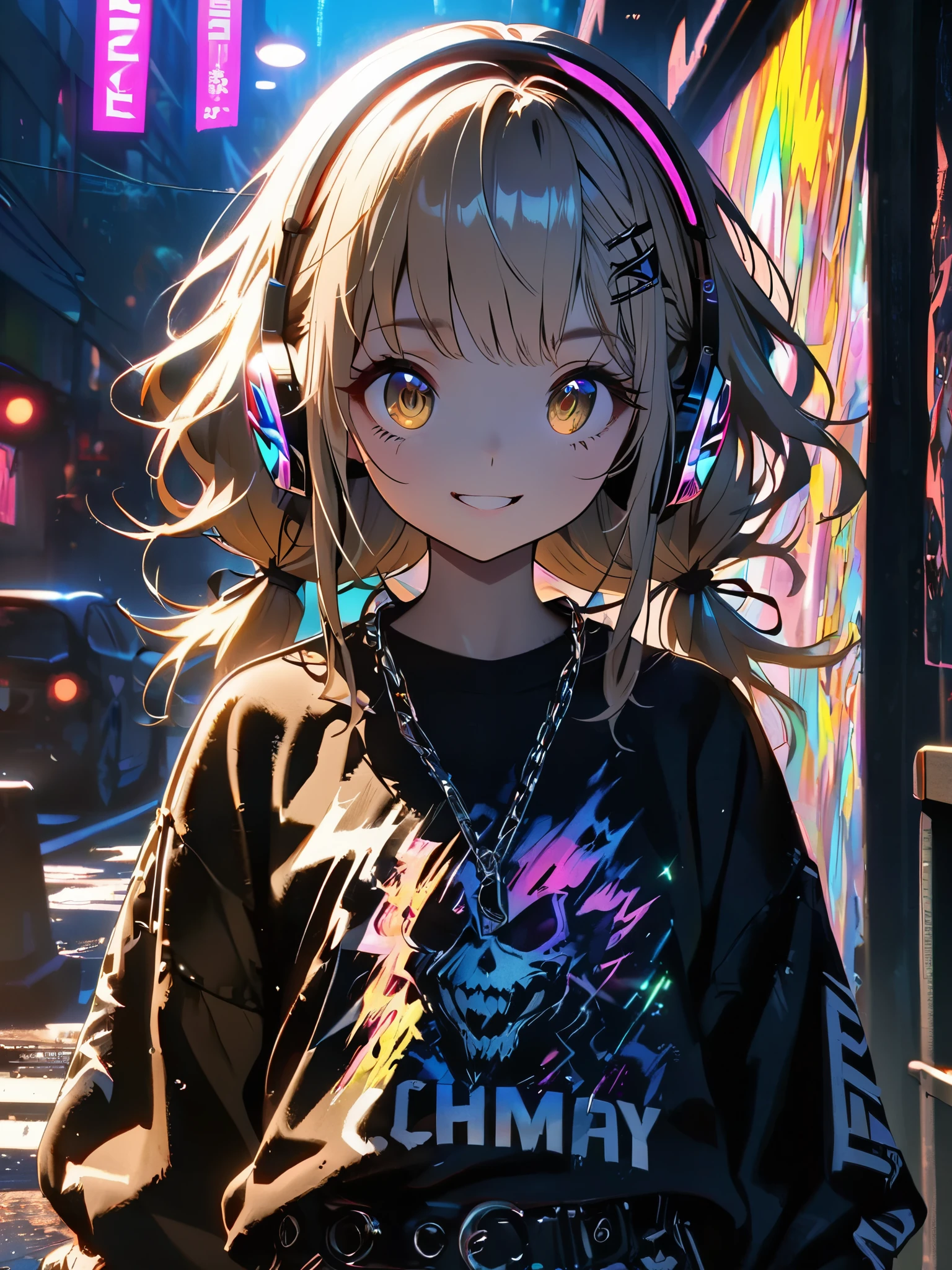 1 person, chromatic aberration, Written boundary depth, Soft Light, masterpiece, Highest quality, complicated, Tone Mapping, Very deしっぽed, Art Station, Concept Art, Smooth, Clear focus, Dramatic lighting, Very deしっぽed artwork, movie, super practical painting, Art Station's trending, 8k, Incredible Shadows, practical, whole body, View, Viewers, Very deしっぽed portrait of one girl 1, standing on street corner, Heavy rain and lightning、Dark Sky, neon and cyber punk background, she is dressed in punk clothing with silver chains and silver spikes, Her hair was dyed light brown..............,The middle part is black, She wears headphones, Ominous aura of light, smile, punk, Cyber Rock, Backlight.Fashionable clothes.Dress code: Denim Outfit,Her hair is tied up cutely.