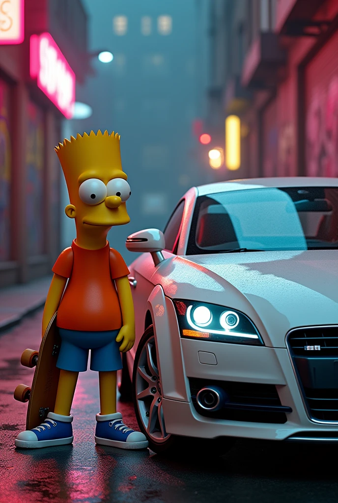 Generate an image of Bart Simpson with a white Audi TT mk2 2008 in a gangster mood, make it look real detailed