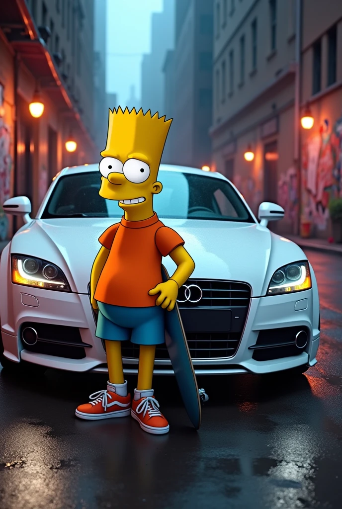 Generate an image of Bart Simpson with a white Audi TT mk2 2008 in a gangster mood, make it look real detailed
