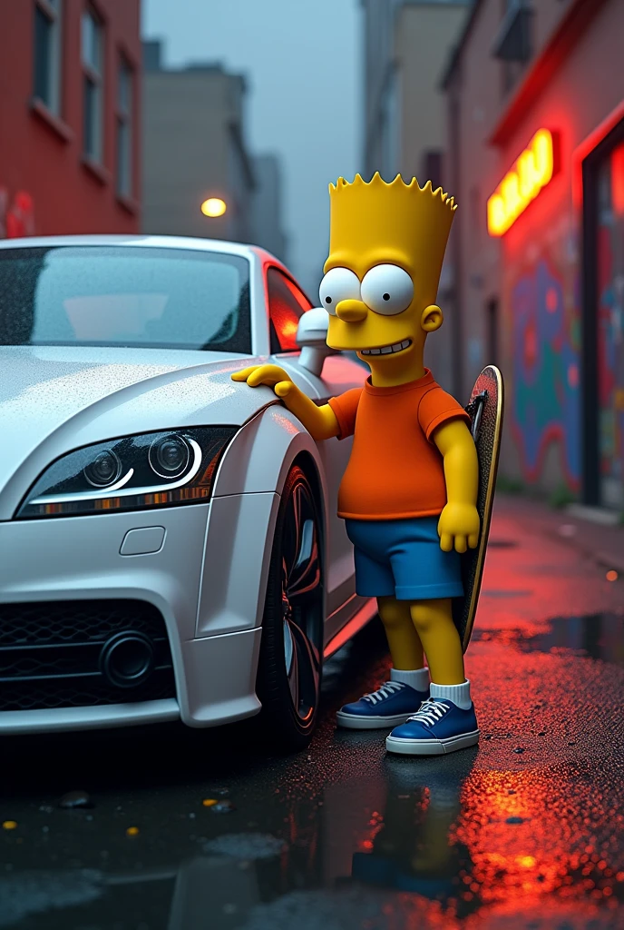 Generate an image of Bart Simpson with a white Audi TT mk2 2008 in a gangster mood, make it look real detailed