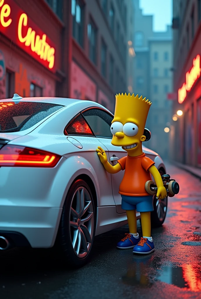 Generate an image of Bart Simpson with a white Audi TT mk2 2008 in a gangster mood, make it look real detailed