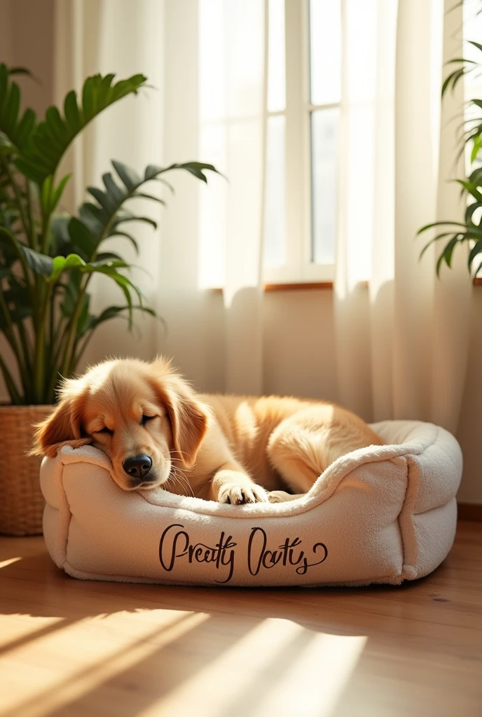 An advertisement image of a dog sleeping comfortably on a dog bed, with the brand name 'pretty petty'