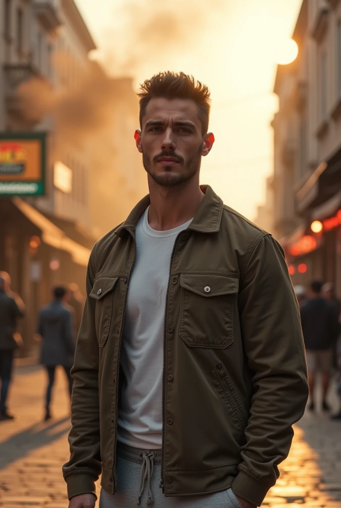 A handsome europian man in istanbul, wearing sport clothes. Her hazel eyes are big and heavy. Expression of awe and excitement. "A photorealistic portrait of a 30-year-old man with short hair and striking hazel eyes. he should have a natural, approachable expression and be illuminated by soft, golden-hour sunlight. The background should be a scenic outdoor setting. Capture this image with a high-resolution photograph using an 50 mm lens for a flattering perspective."hyper realistic, ultra detailed photograph of a french Do-it-yourself man, the man is facing the camera depth of field, HOF, hall of fame, detailed gorgeous face, apocalyptic environment, natural fullbody posture, professional photographer, captured with professional DSLR camera,huge eyelashes, wearing jeans,man in istanbul, filled with smoke and distant fire. Her hazel eyes are big and heavy. he wears a  jacket. Expression of awe and excitement. "A photorealistic portrait of a 30-year-old man with longbeautiful lighting, best quality, beautiful lighting, realistic, real image, intricate details, everything in razor focus, 1man, short hair male focus, perfect face, extremely handsome, extremely muscular, face, brown eyes, Photograph, masterwork, meticulous nuances, supreme resolution, 32K, ultra-defined, extremely shallow depth of field, The photograph depicts a man in a gym environment, e. His physique is well-defined, . He is wearing light grey sweatpants that sit low on his waist and tshirt , casual yet perfect for his athletic setting. T His posture is upright yet relaxed. His facial expression is focused and somewhat intense, Do-it-yourself man, the man is facing the camera depth of field, HOF, hall of fame, detailed gorgeous face, apocalyptic environment, natural body posture, professional photographer, captured with professional DSLR cam . "A photorealist