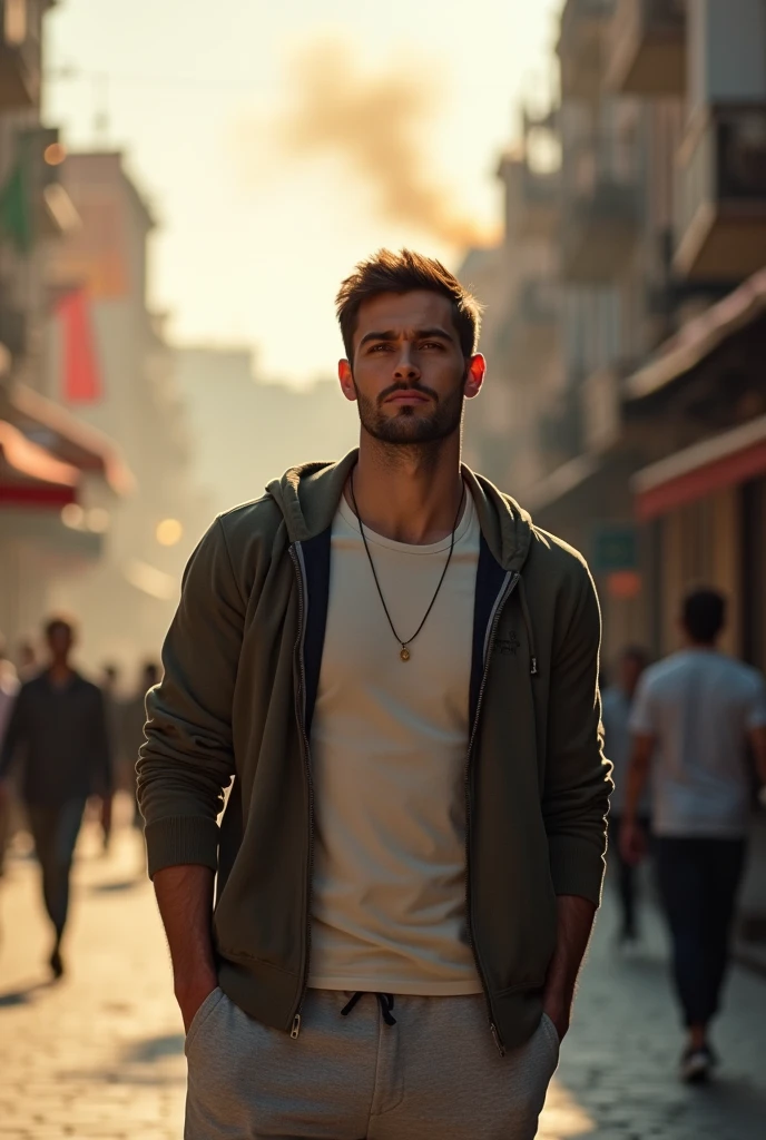 A handsome europian man in istanbul, wearing sport clothes. Her hazel eyes are big and heavy. Expression of awe and excitement. "A photorealistic portrait of a 30-year-old man with short hair and striking hazel eyes. he should have a natural, approachable expression and be illuminated by soft, golden-hour sunlight. The background should be a scenic outdoor setting. Capture this image with a high-resolution photograph using an 50 mm lens for a flattering perspective."hyper realistic, ultra detailed photograph of a french Do-it-yourself man, the man is facing the camera depth of field, HOF, hall of fame, detailed gorgeous face, apocalyptic environment, natural fullbody posture, professional photographer, captured with professional DSLR camera,huge eyelashes, wearing jeans,man in istanbul, filled with smoke and distant fire. Her hazel eyes are big and heavy. he wears a jacket. Expression of awe and excitement. "A photorealistic portrait of a 30-year-old man with longbeautiful lighting, best quality, beautiful lighting, realistic, real image, intricate details, everything in razor focus, 1man, short hair male focus, perfect face, extremely handsome, extremely muscular, face, brown eyes, Photograph, masterwork, meticulous nuances, supreme resolution, 32K, ultra-defined, extremely shallow depth of field, The photograph depicts a man in a gym environment, e. His physique is well-defined, . He is wearing light grey sweatpants that sit low on his waist and tshirt , casual yet perfect for his athletic setting. T His posture is upright yet relaxed. His facial expression is focused and somewhat intense, Do-it-yourself man, the man is facing the camera depth of field, HOF, hall of fame, detailed gorgeous face, apocalyptic environment, natural body posture, professional photographer, captured with professional DSLR cam . "A photorealist