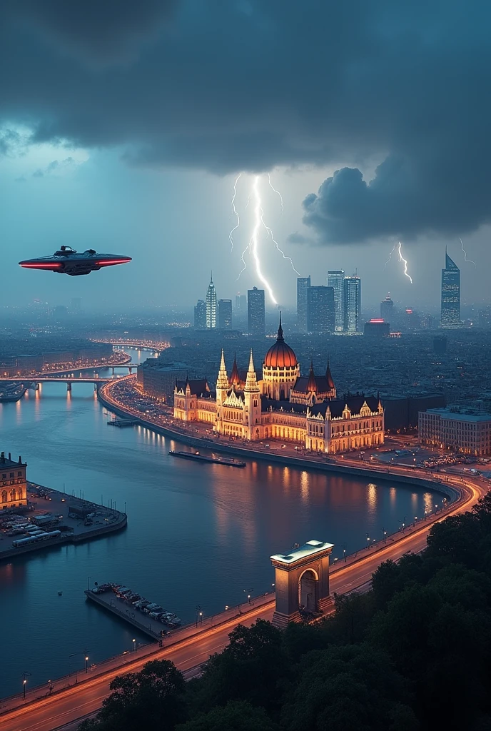 Future Budapest city (with signature buildings like the parliament) seen from an airplane:1.5,thunder:1.4,port,flying spaceship,skyscraper,master piece,highest quality,ultra high resolution,(Super detailed:1.2),8K,photorealistic,best aesthetic,beautiful