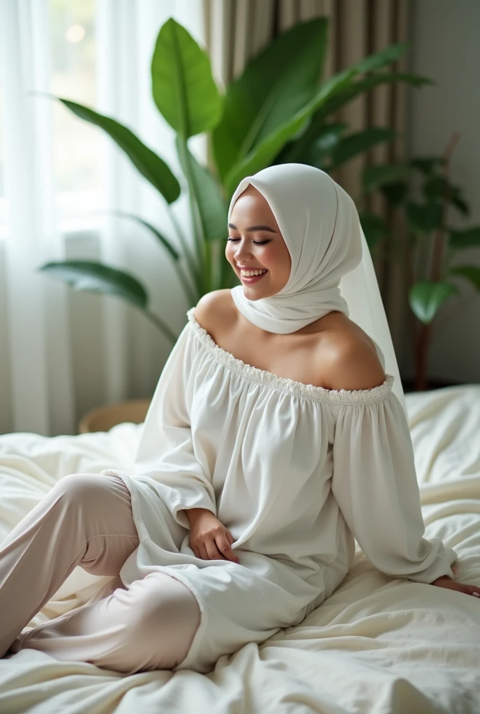 (photorealism:1.2), beautiful malay woman, smiling, chubby, laying on bed, wearing loose off-shoulders bride white short skirt, wearing white hijab, sexy open legs, big breast, cleavage,very big butt, indoors, plants in background, bright cozy room, sexy pose, realistic, intricate details, soft colors, 