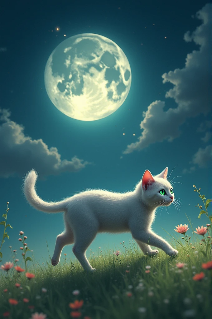 A beautiful cat running in the moon