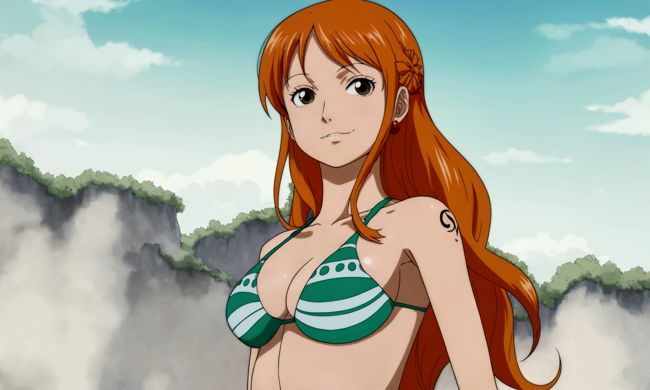 Anime girl, naked, one piece, nami, topless, nipples,