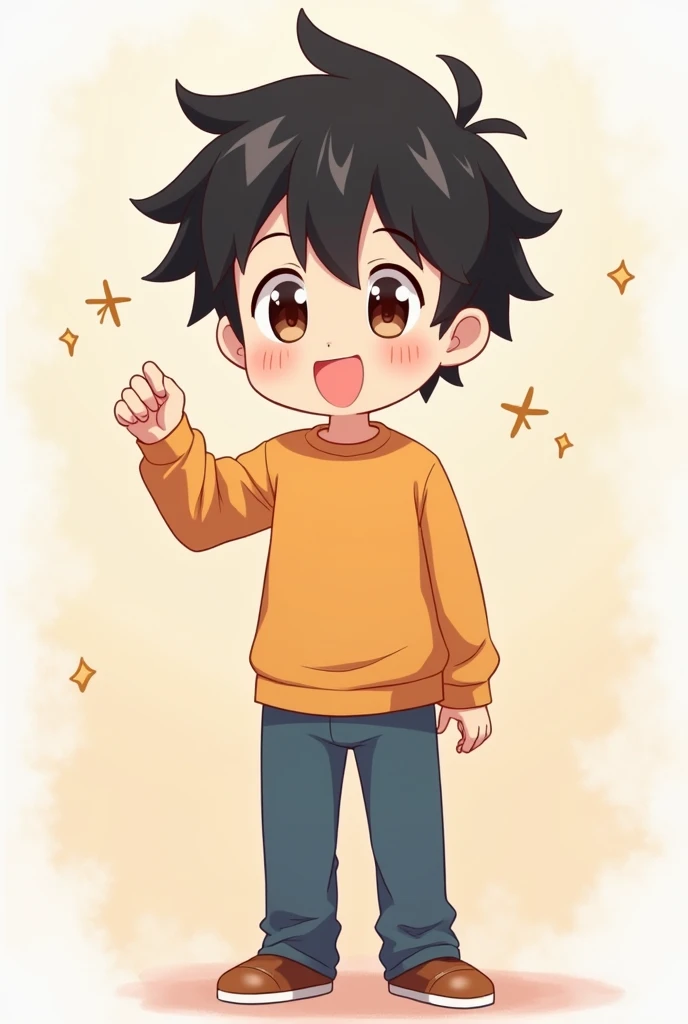 Simple anima boy character standing ( black hair ) (brown eyes) (hand in explaining gesture)