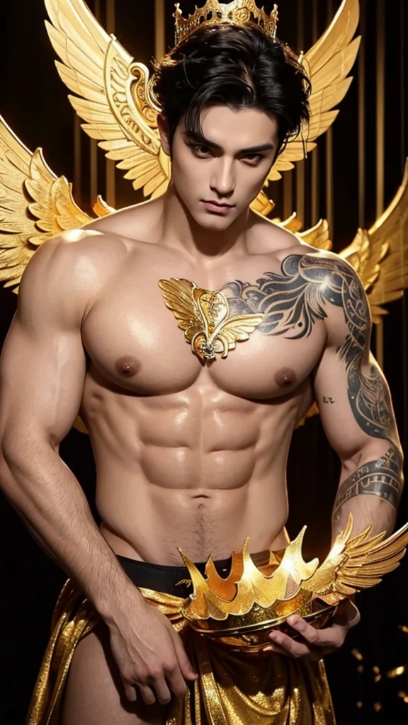 Muscler handsome man with golden colour wings, wearing a big gold crown, bare body, perfect face, sexy eyes, black hair, perfect body, big chest, tattoos on his whole chest and shoulders. A sexy look on his face which is captivating and enchanting. Striking a sexy pose.