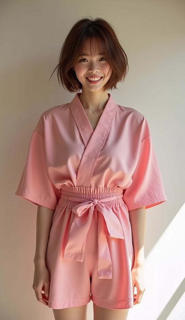 Pink short-sleeved、Wearing a yukata and shorts、whole body、Beautiful Japanese woman with short brown bob hair. Standing front、smile、Beauty、Surrealism style. Color mid shot. Dramatic Light.