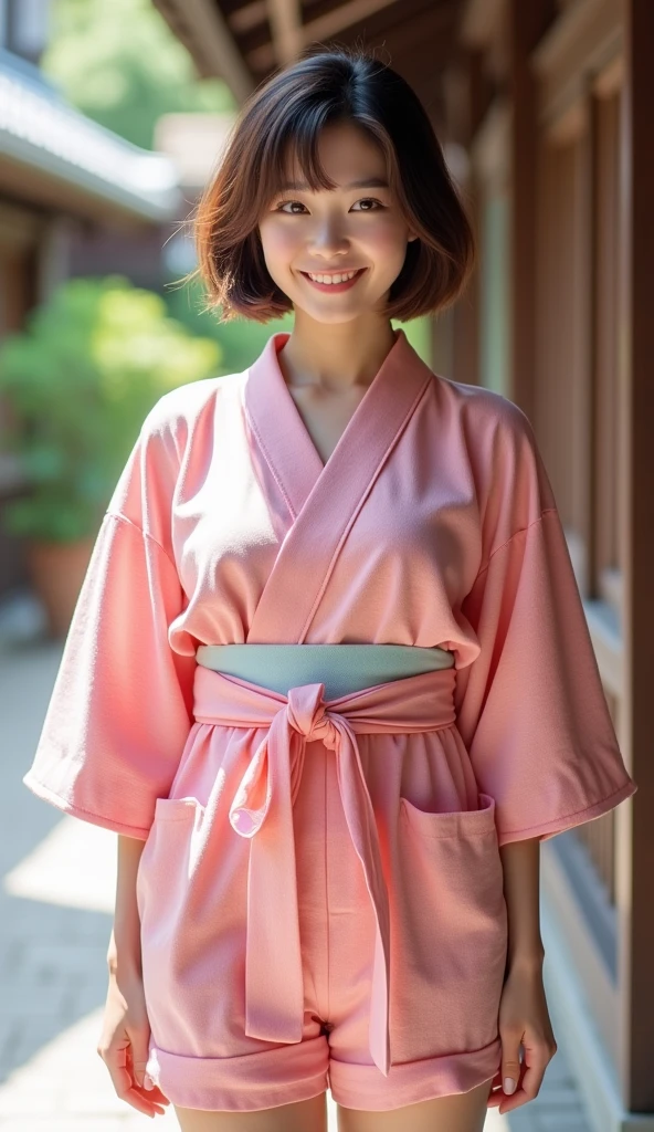 Pink short-sleeved、Wearing a yukata and shorts、whole body、Beautiful Japanese woman with short brown bob hair. Standing front、smile、Beauty、Surrealism style. Color mid shot. Dramatic Light.