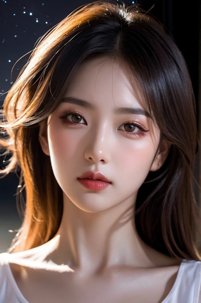 1girl, beautiful face, ((white eyes)), sexy pose, Red moon in the background, stars, space, (lightroom:1.13), soft light, (natural skin texture:1.2), (hyperrealism:1.2), sharp focus, focused,[[realistic]],extremely beautiful,perfect anatomy