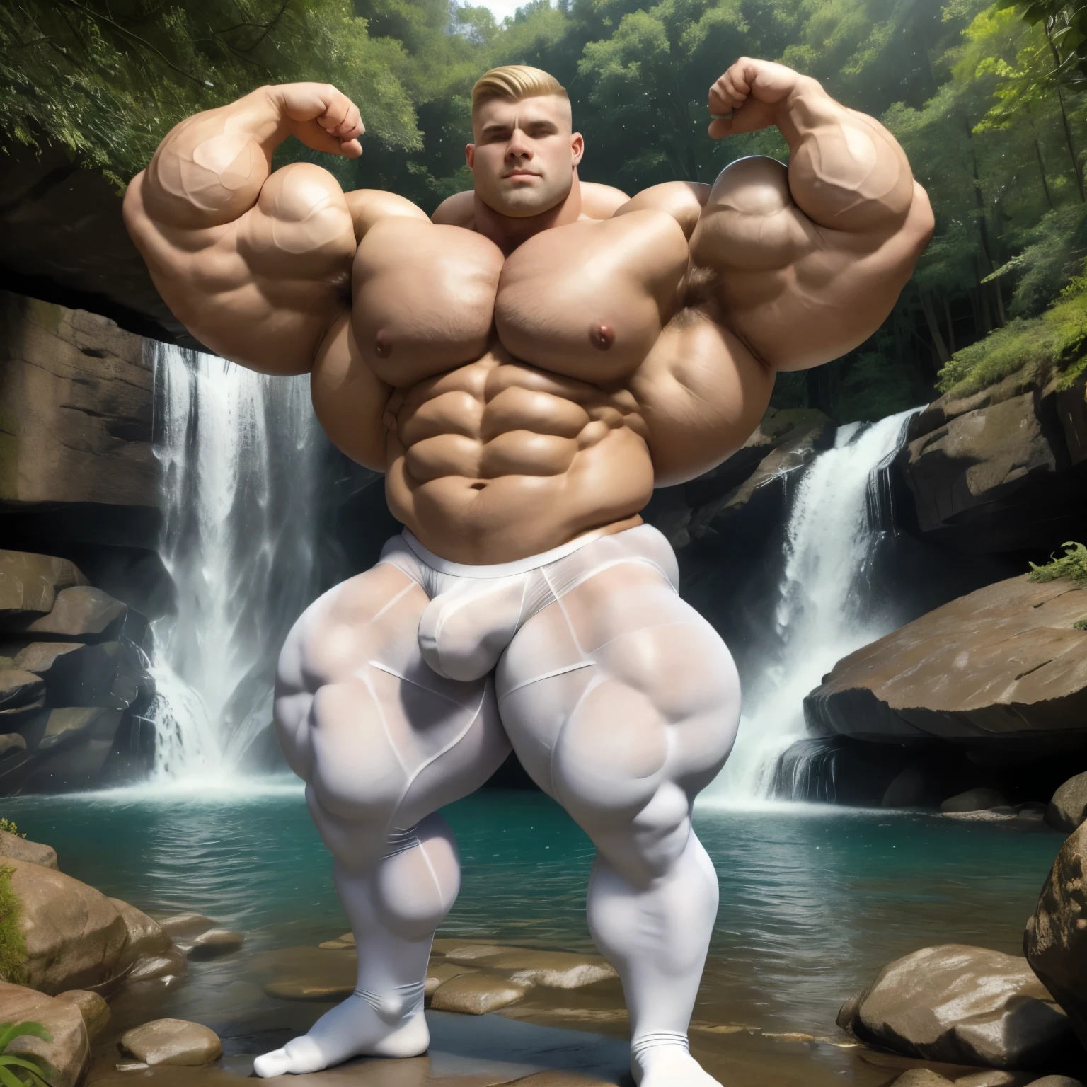 full body view, one white european male bodybuilder flexing his massive big bulbous over-inflated triple-biceps. Handsome with blonde undercut clean shaved haircut . extremely over-blated and over-inflated bodybuilded. One arm raised flexing incredibly over-inflated triple-biceps bigger than his head. Posing in front of a waterfall. Broad well developed wide shoulders and absurdly over-inflated over-bloated round pecs Well defined abs. Thick muscular legs. Wearing only white transparent sheer tights with white sheer socks