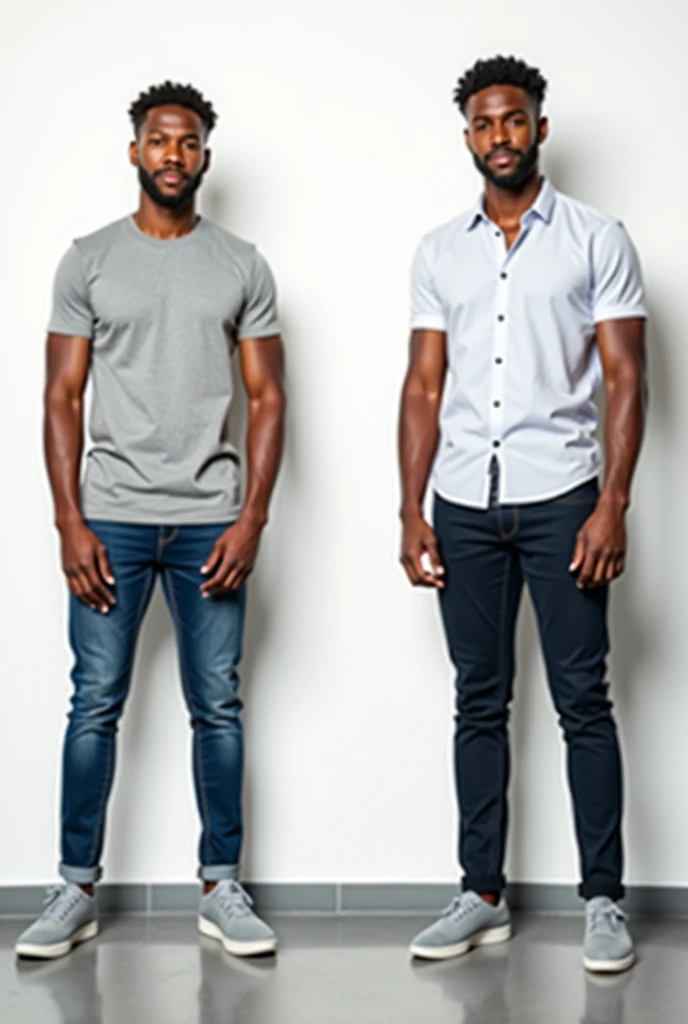 A before and after picture of a 25 years old light brown skinned man standing in-front of white wall, who increased his height 11 centimeters, make it realistic