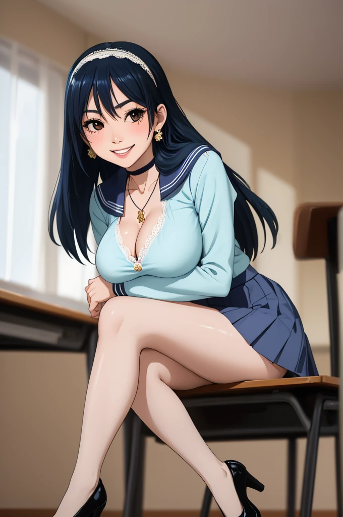 glamour photo of official art, a gorgeous girl, sitting on table, (view from below:1.2), school, classroom, (full body shot:1.2), (8k, RAW photo, best quality, depth of field, ultra high res:1.2), (absurdres, intricate, photorealistic, masterpiece, ultra-detailed:1.3, amazing scene lighting, Bright_Front_face_Lighting), shot at eye level, photography on a Fujifilm X-T4 with a 50mm lens, indoor, modelstyle photography setting, 
(pale skin, detailed skin:1.3, Glossy skin + Shiny skin:1.1), hair ornament, exquisite earrings, necklace, lace trim choker, gigantic breasts, skinny body, fit body, slim, narrow waist, slim legs, long legs, pantyhose, oxfords platform heels, 
Riko Amanai, blue hair, long straight hair, white hairband, school uniform, serafuku, blue pleaded skirt, (blush, evil smiling, perfect female anatomy, super beautiful, elegant, sexy, detailed beautiful face, nice figure, nice proportions, sexy stunning body), cleavage, thigh, short skirt, sexy