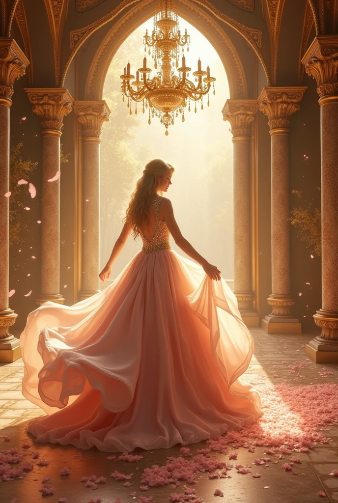 Beautiful world ((((((Fantasy novels))))) Pale pink feathers and stardust fall down Golden world The beautiful person dancing gorgeously in the beautiful and magnificent castle ((The beautiful prince watching it from afar)) (((Love story)))) His costume is a luxurious and beautiful dress from medieval Europe An incredibly handsome prince The Mirror Room, where the chandelier shines