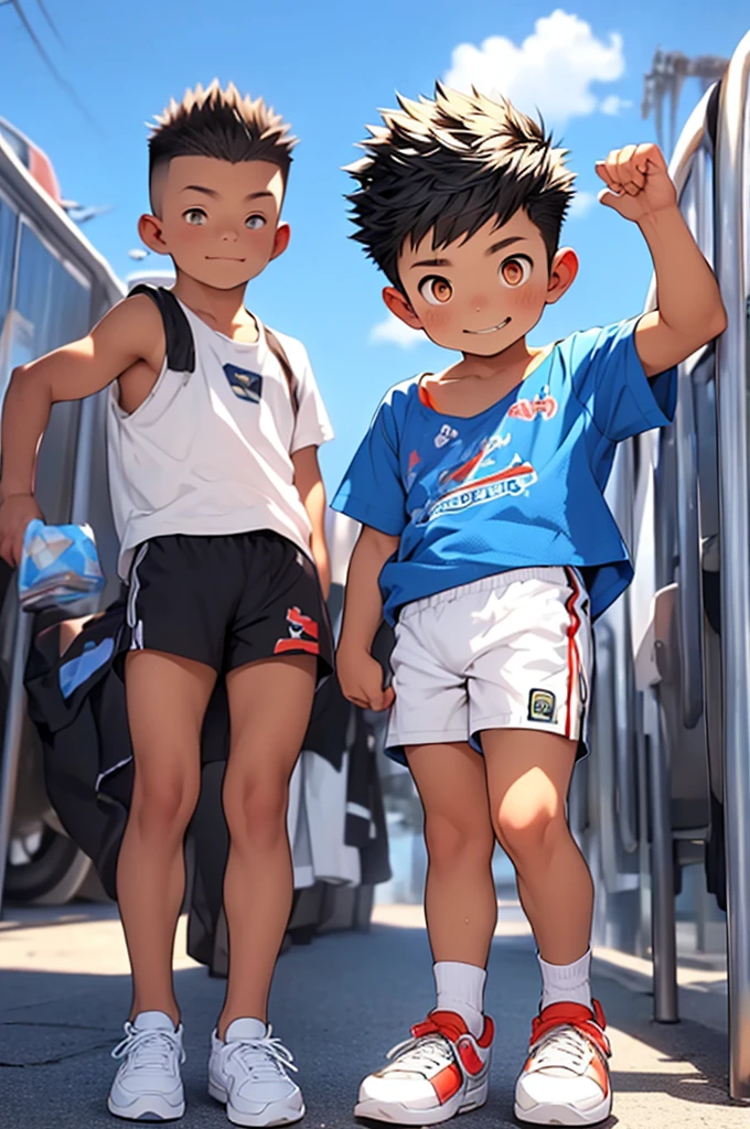 (Shota:1.5),(((Highest quality))),(((masterpiece))),(((Very detailed))),(((High resolution))),One person,White short-sleeved T-shirt,Short shorts,gym uniform,White socks,Blue sneakers,Cheerful boy,Japanese,Very Short Hair,Black Hair,(Point pupils),Skinny body,*********,smile