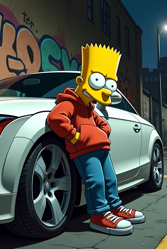 Generate an image of Bart Simpson with a white Audi TT mk2 2008 in a gangster mood, make it look real detailed
