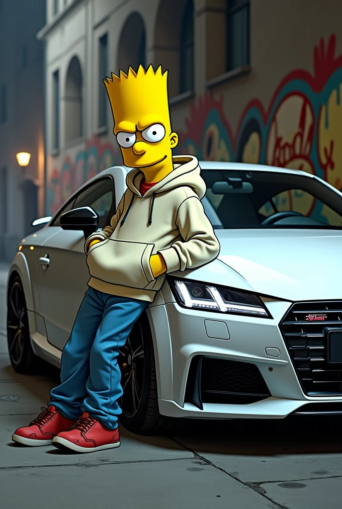 Generate an image of Bart Simpson with a white Audi TT mk2 2008 in a gangster mood, make it look real detailed
