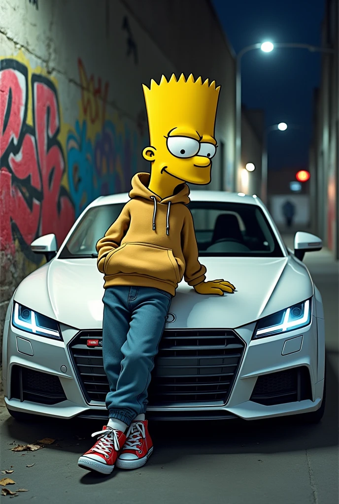 Generate an image of Bart Simpson with a white Audi TT mk2 2008 in a gangster mood, make it look real detailed