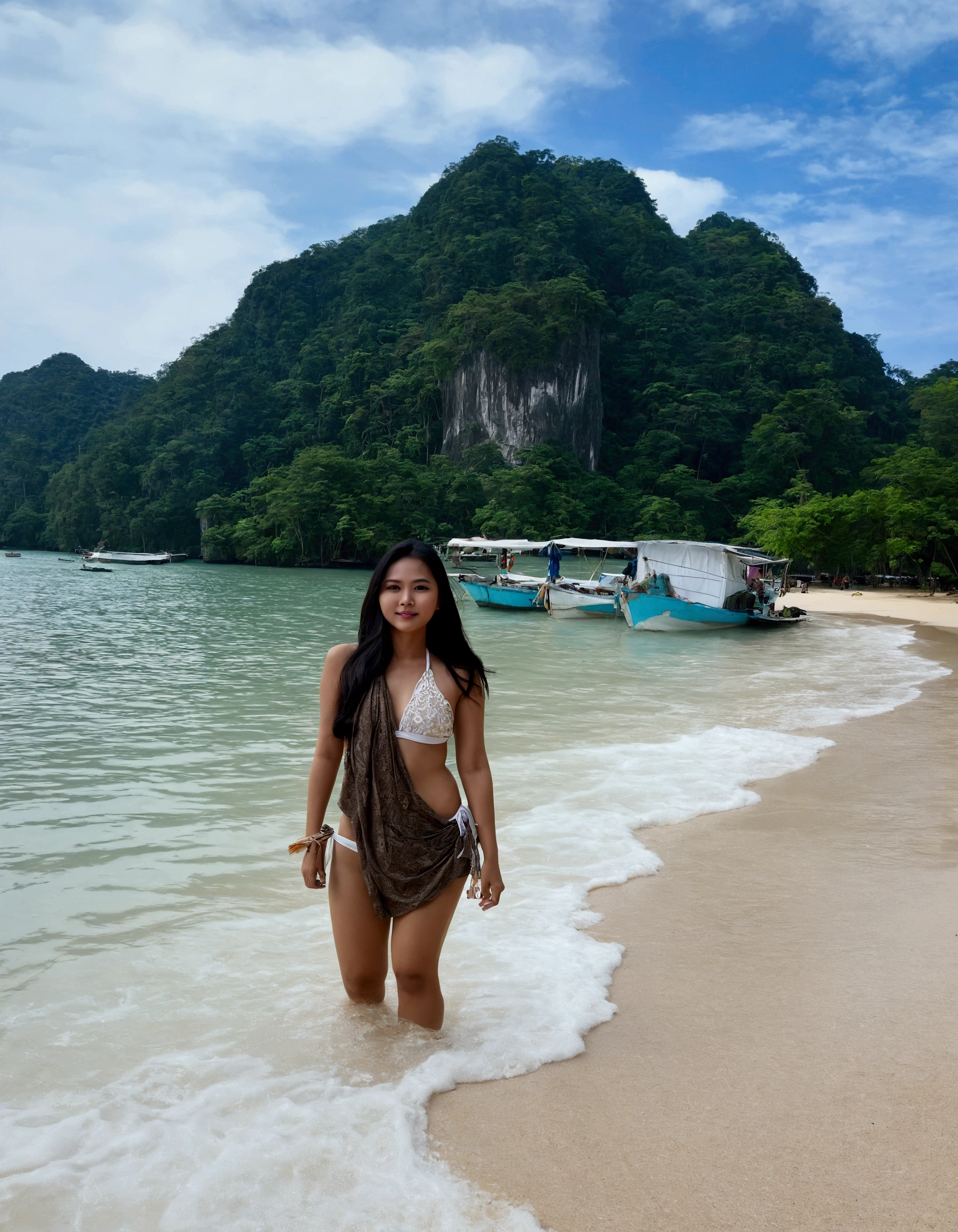 Wear her white bikini and slim her to lb 120.Change her face as Burmese face type