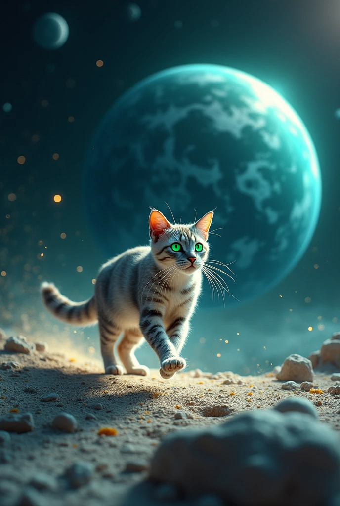 A beautiful cat running in moon and see earth and other planets