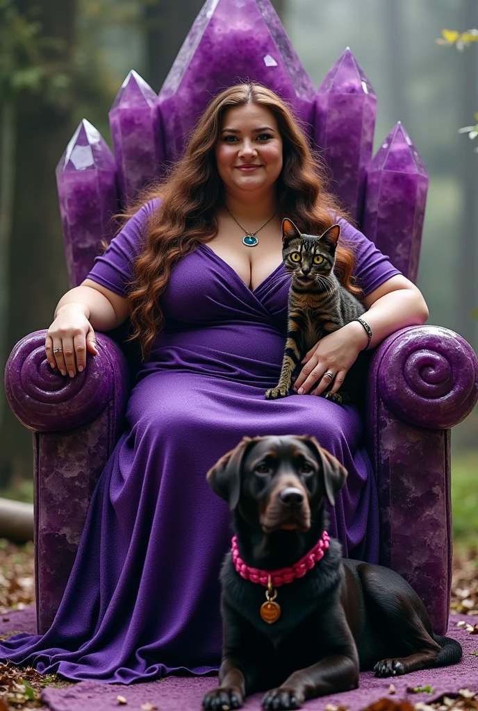 witch woman, white and chubby. With long chocolate colored hair. Sitting on a throne made of amethyst stones. On the woman&#39;s lap there should be a black and yellow scaled cat with yellow eyes.. At the feet a large dark brown labrador dog wearing a pink collar
