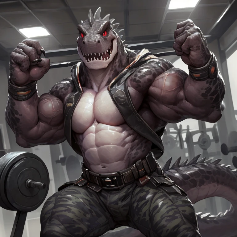 solo, anthro, furry male, T-Rex, ((detailed muscles)), (T-Rex print), black scales, white belly, short spiny scales, Front Double Biceps Pose, bodyguard outfit, black claws, red eyes, slit eyes, slim fit, muscular slim, gym, menacing, menacingly handsome, detailed red slit eyes, pecs, tail, hind leg, looking forward, (Masterpiece, by null-ghost, hi-res, 8k), black military outfit, black camo pants, forward pov,