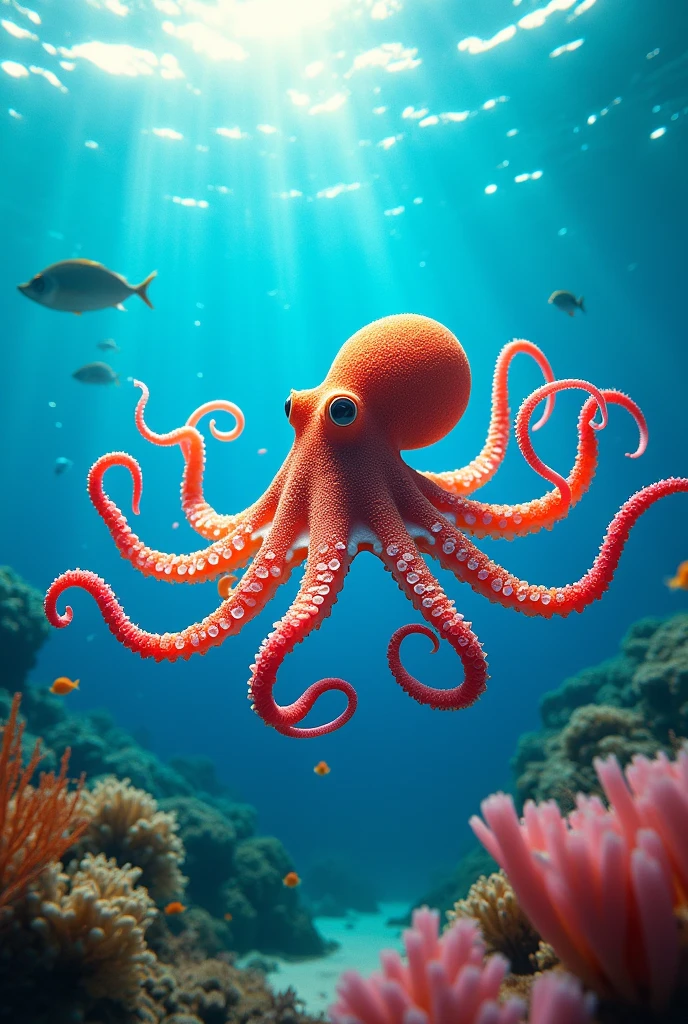 An octopus whose tentacles are formed by several colorful plastic straws, Instead of its normal appendages. The straws curl and move as if they were part of the octopus.