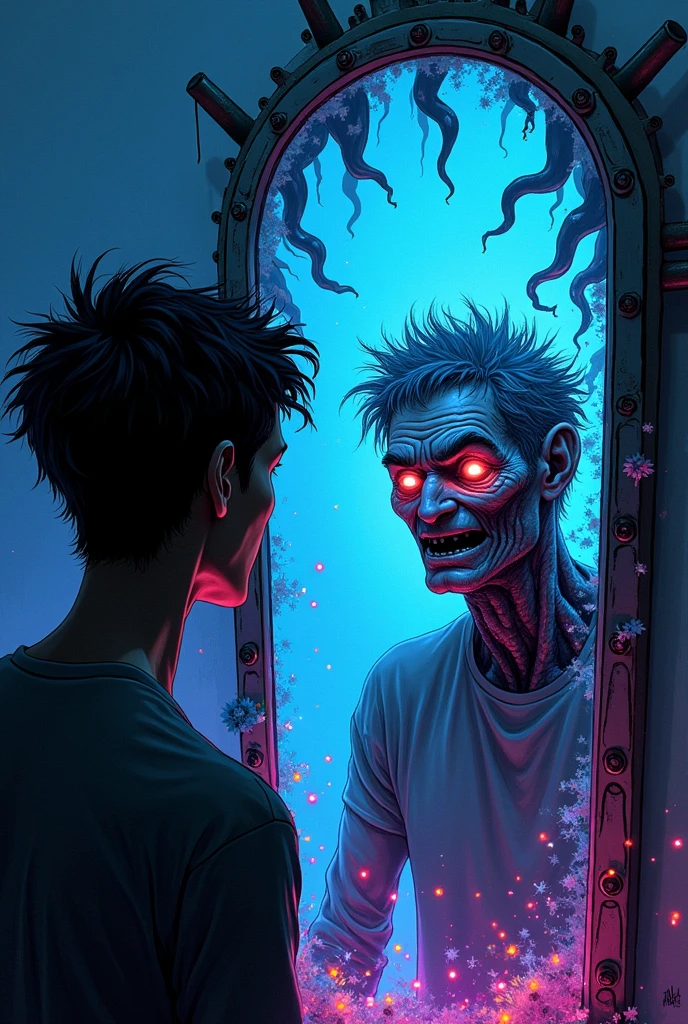 Elias, a 45 year old man, with hair, Facing his reflection, who has become a monstrous figure.] Create an image for a graphic novel, Cosmic Fallen Angel, glowing light eyes, Biomechanical, eerie, Creepy, nightmarish, Very bright colors, Light particles, with light glowing, Mshiff, wallpaper art, UHD wallpaper, cinematic styles, cinematic lights 