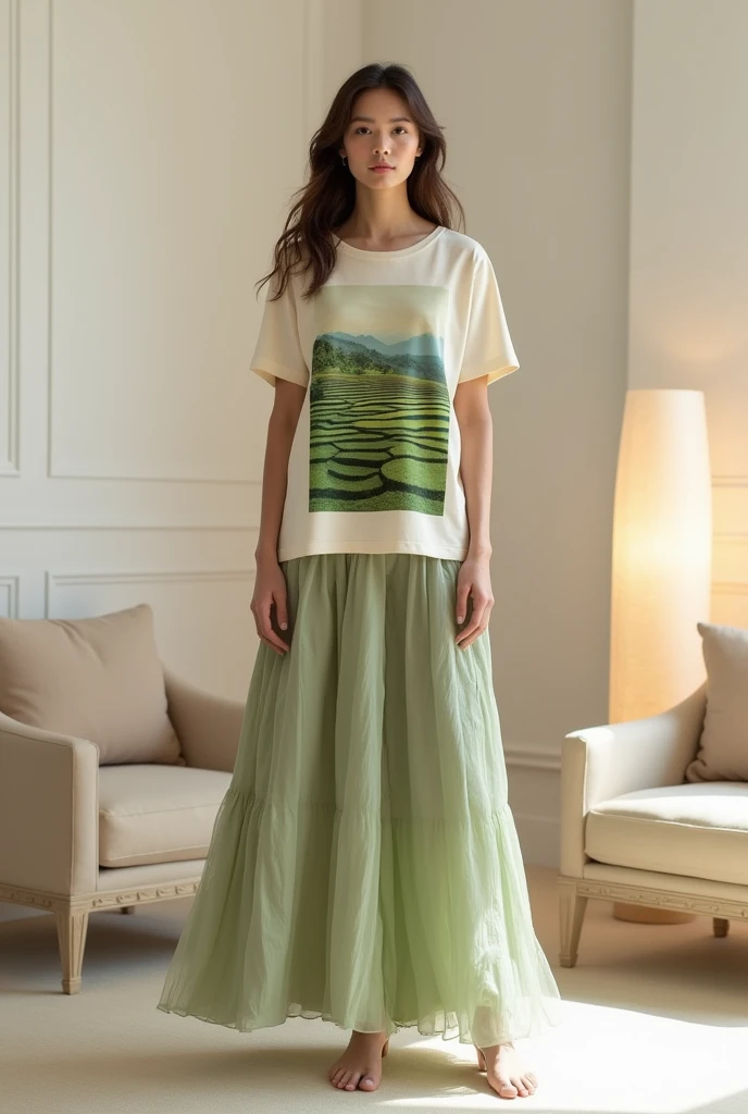 Image 8: Model wearing a light beige cotton T-shirt with a picture of terraced fields printed on the body. pale moss green skirt. Luxurious elegant style. Background with rice white walls, chairs, lamps