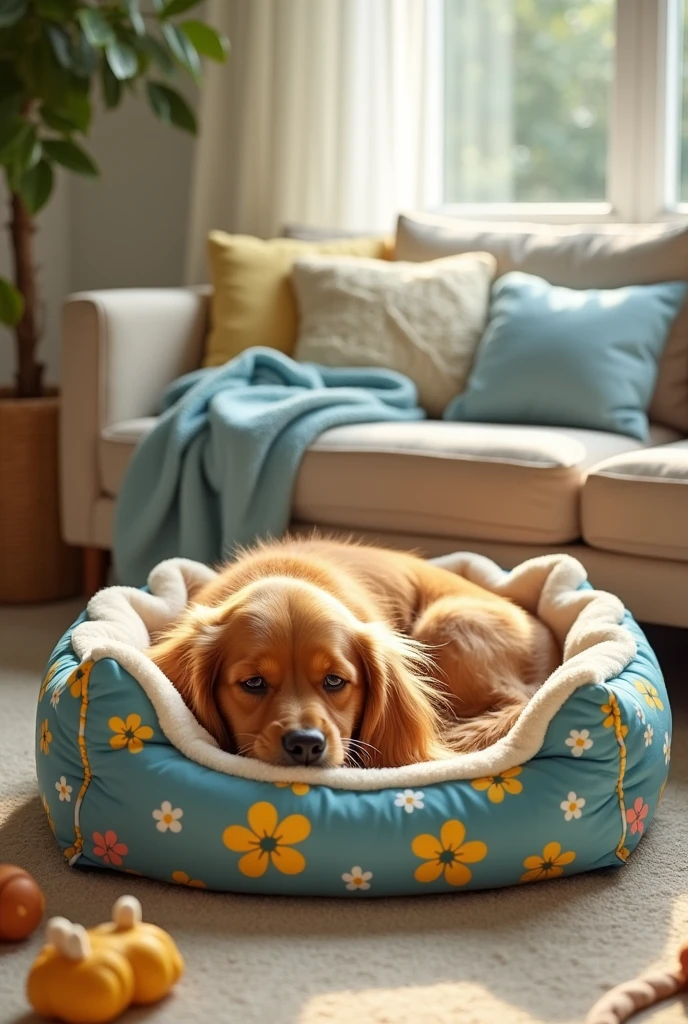 An advertisement image of a dog sleeping comfortably on a dog bed, featuring the brand name 'Pretty Petty' with a yellow and blue color scheme.