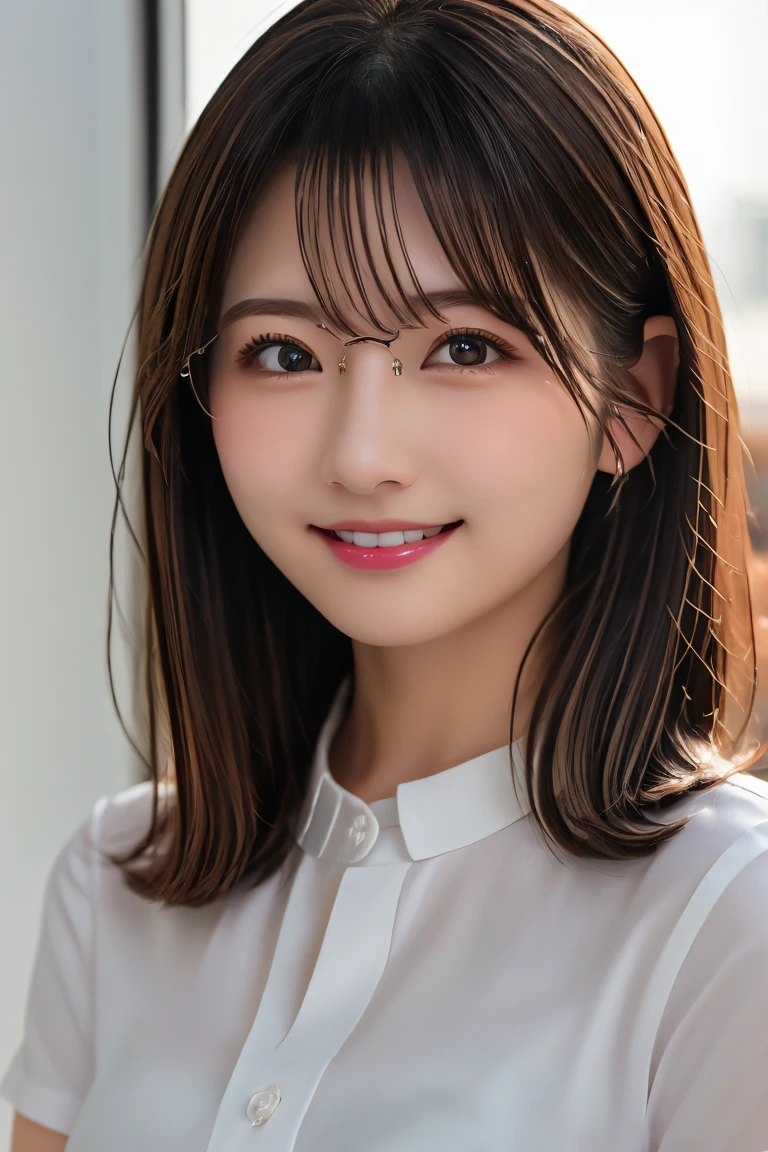 Highest quality, (beautiful)、beautiful女性、Precision Eyes、Brown Hair、Brown eyes、Looking into the camera、Soft Breasts、Medium Hair、Inward curl hair、Straight Hair、Upper Body、Cross your arms、Shoot from above、office、Glasses、smile、Business shirts